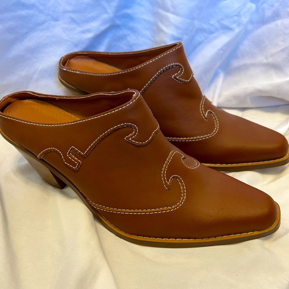 Women's Brown Leather Slip On Clog Western Cowboy Heels Women’s Size 8 Mules 3in